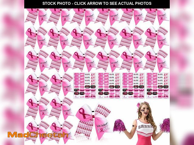Lot 74-12697317 - 24Pcs Breast Cancer Awareness Cheer Bows Set includes 24 Pink Cheer Bows and 16 Breast Cancer Awaren...