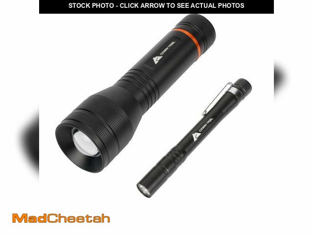 Lot 74-12886903 - (MISSING BATTERIES) Ozark Trail 1500 Lumen Focusing Flashlight with Bonus Penlight, Waterproof, Blac...