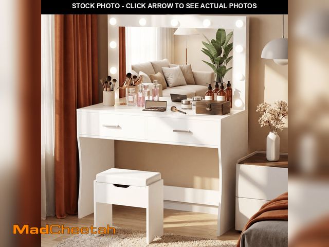 Lot 74-14350254 - Furmax Makeup Vanity Table Set with Lights and Mirror Vanity Desk with Drawer and Chair, White - UNU...
