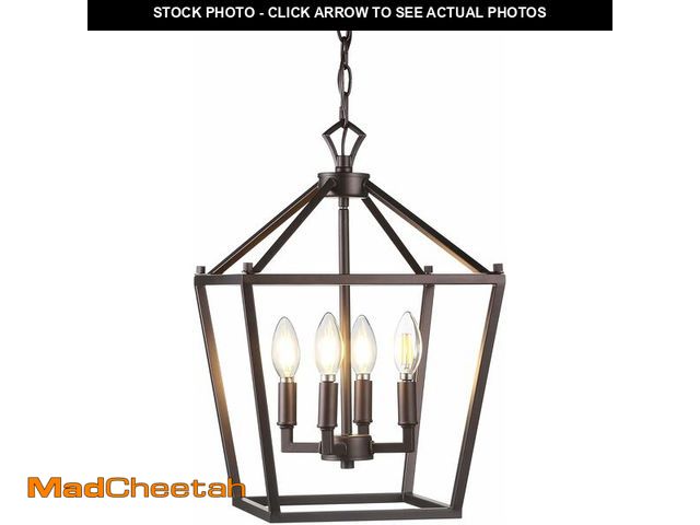 Lot 74-14067376 - JONATHAN Y 12" Oil Rubbed Bronze Lantern Pendant Light, 4-Light Pagoda Style Metal Cage Farmhouse Ha...