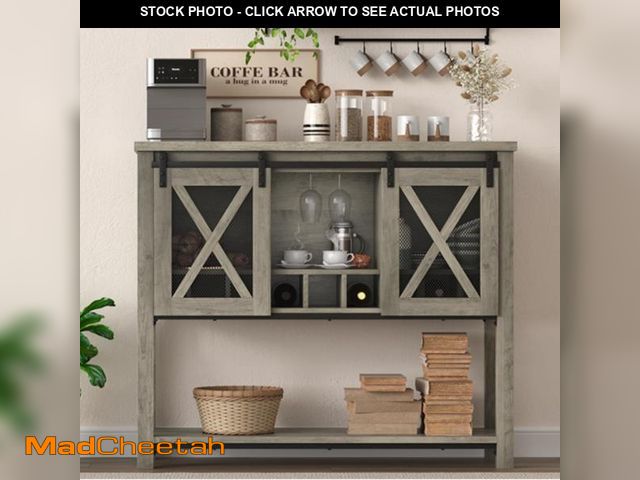 Lot 74-12286144 - GAOMON Coffee Bar Cabinet, Farmhouse Sideboard Buffet Cabinet with Sliding Barn Doors, Wine Racks, O...
