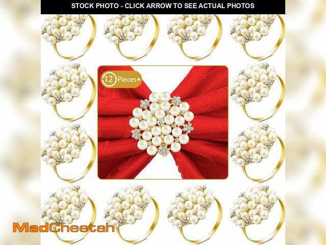 Lot 74-14209691 - Hotop 36 Pcs Gold Napkin Rings Pearls and Flower Napkin Buckles Rhinestone Bling Round Holders for W...