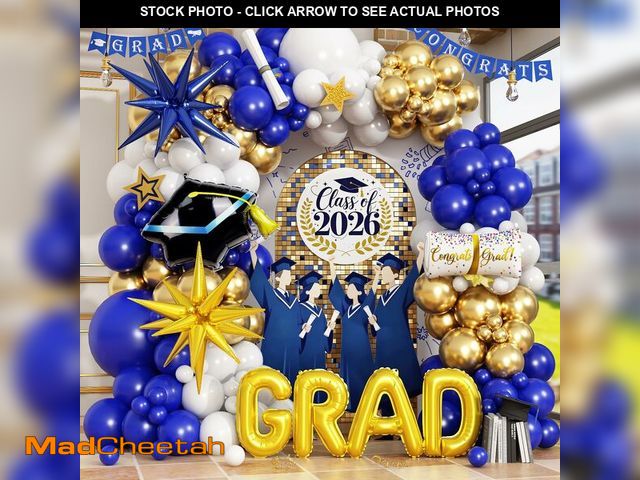 Lot 74-14206835 - Blue Graduation Balloons Garland Arch Kit, 113 PCS Blue Gold White Graduation Star Print Cap Certifi...