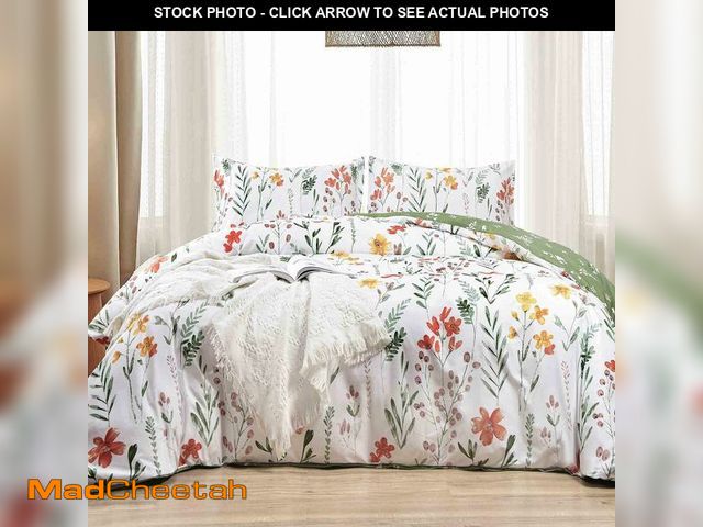 Lot 74-13583878 - Faincy 7 Pcs King Size Comforter Set with Sheets, White Yellow Floral, Green Leaf Pattern Print Reve...