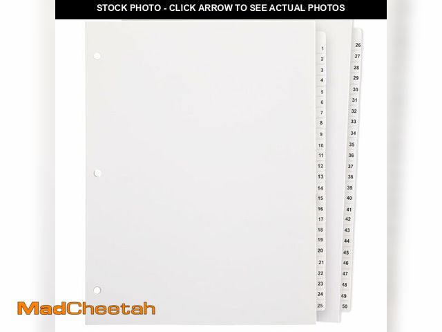 Lot 74-13721680 - Yeaqee 51 Numbered Tabs for 3 Ring Binders, Letter Size Numbered Dividers 3 Hole Punched White Binde...