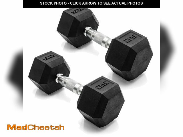 Lot 74-12693844 - CAP Barbell 25 LB Rubber Coated Hex Dumbbell Hand Weight - Pair | Chrome Handle - UNUSED