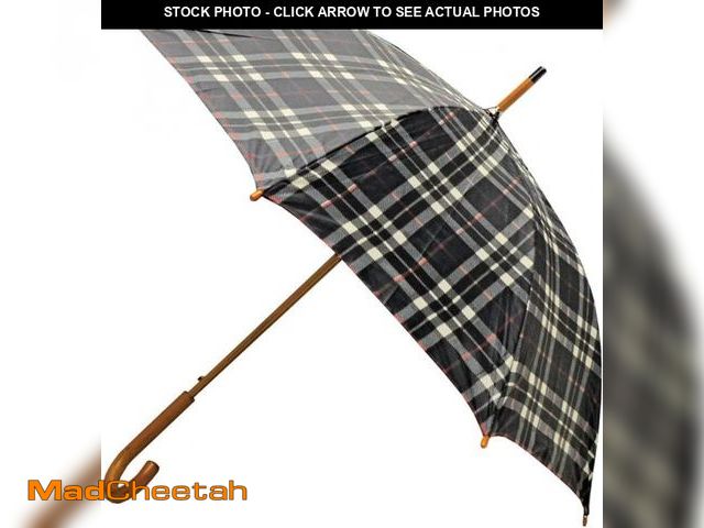 Lot 74-12510443 - Rainbrella Classic Auto Open Umbrella with Real Wooden Hook Handle, Black Plaid, 46" - UNUSED