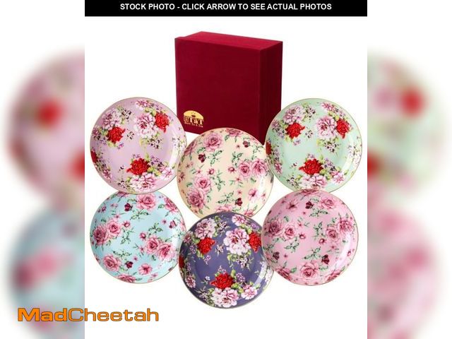 Lot 74-12304431 - Brew To A Tea Floral Dessert Plates Ceramic, Set of 6, 8 Inch, Assorted Colors with Golden Rim, Deep...