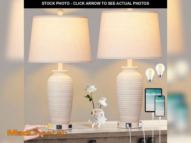 Lot 74-12154994 - Beige Resin Table Lamps 3-way Touch Dimming Switch USB &amp; Type-C Charging Ports AC Outlet (Set of...