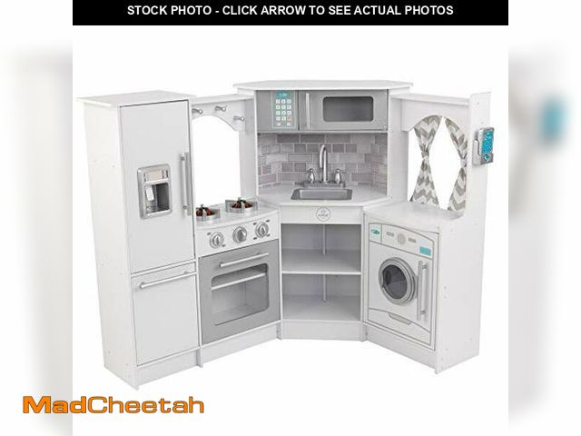 Lot 74-12633140 - KidKraft Ultimate Corner Wooden Play Kitchen with Lights &amp; Sounds, Play Phone and Curtains, Whit...
