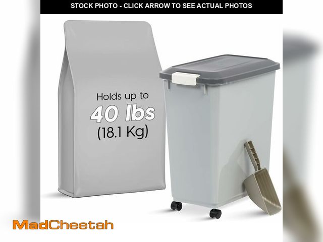 Lot 74-12828976 - IRIS USA Dog Food Storage Container with Wheels, Airtight Lid, 2-Cup Scoop, Up to 30 Pounds Pet Food...