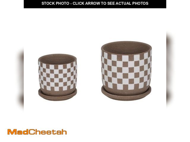 Lot 74-12558521 - Liv &amp; Skye 5 in. and 6 in. Brown Ceramic Checkerboard Saucer Decorative Planters (Set of 2) - UN...