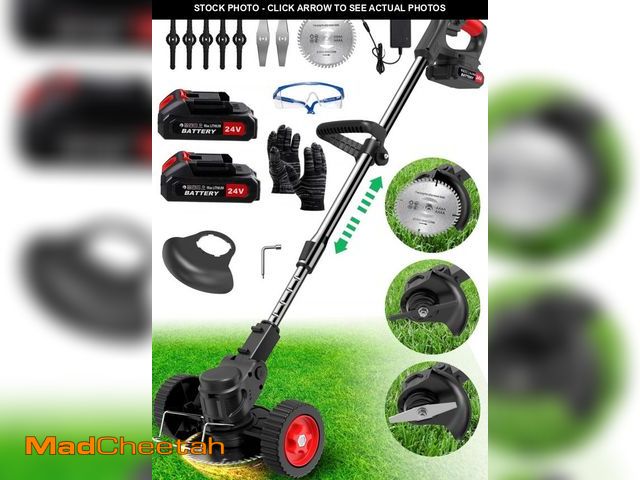 Lot 74-12156341 - TNTANTS Electric Weed Wacker, Cordless String Trimmer with Wheels, 2Pcs 24V Batteries, 3 Types of Bl...