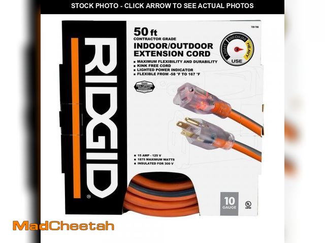 Lot 74-12492491 - RIDGID 50 ft. 10/3 Heavy Duty Indoor/Outdoor SJTW Extension Cord with Lighted End, Orange/Grey - UNU...