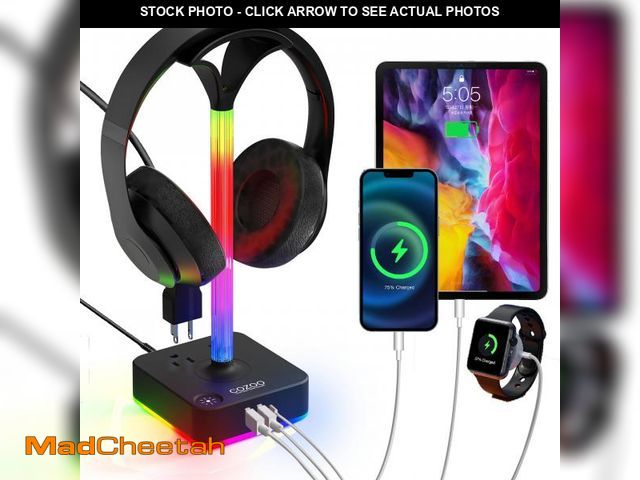 Lot 74-12434710 - cozoo RGB Headphone Stand with Charger 3 USB Ports and 2 AC Outlets,2 USB-A 1 Type C,Desk Gaming Hea...
