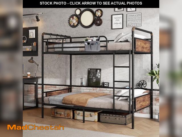 Lot 74-12358851 - Cocosity Metal Twin over Twin Bunk Bed with Storage Bag 2 Convertible Twin Beds , Antique Wood Grain...