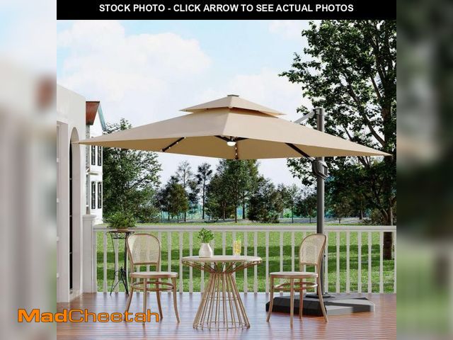 Lot 74-12131695 - 10FT Solar Lights Cantilever Patio Umbrella with Base Included, 360ÃÂ° Rotation Offset Umbrella, Ea...