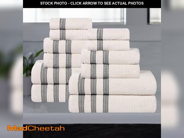 Lot 74-12423135 - Superior Brea Zero Twist Cotton Ribbed Modern 12 Piece Bathroom Towel Set - Stone - UNUSED
