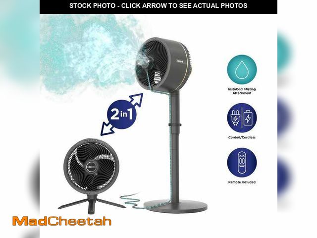 Lot 74-12638989 - Shark FlexBreeze 13 in. 5-Speed Outdoor and Indoor Pedestal Fan in Dark Grey InstaCool Misting Attac...