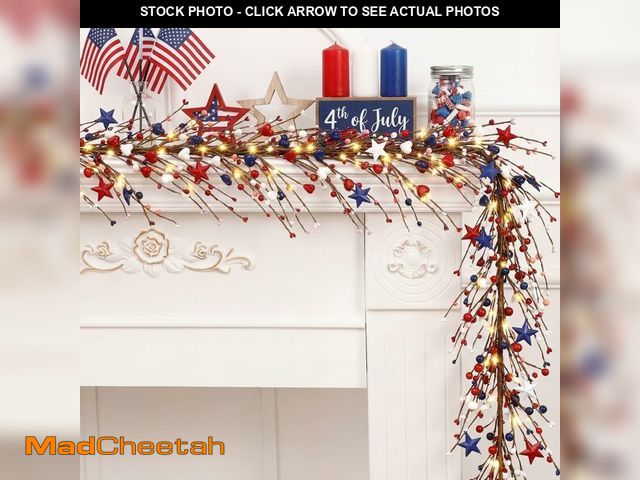 Lot 74-14066278 - Wavwavw 59 Inches 4th of July Patriotic Garland Lighted Red White Blue Memorial Day Garland Artifici...