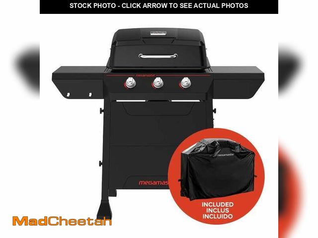 Lot 74-12465259 - Megamaster 3-Burner Propane Gas Grill in Black with Cover - UNUSED