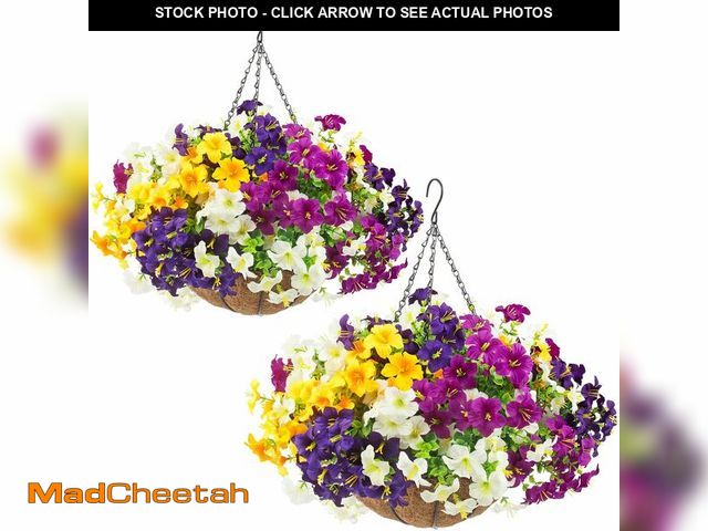 Lot 74-14376922 - 2 Set Artificial Outdoor Flowers with Hanging Baskets,24 Pcs UV Resistant Faux Petunias Flowers with...