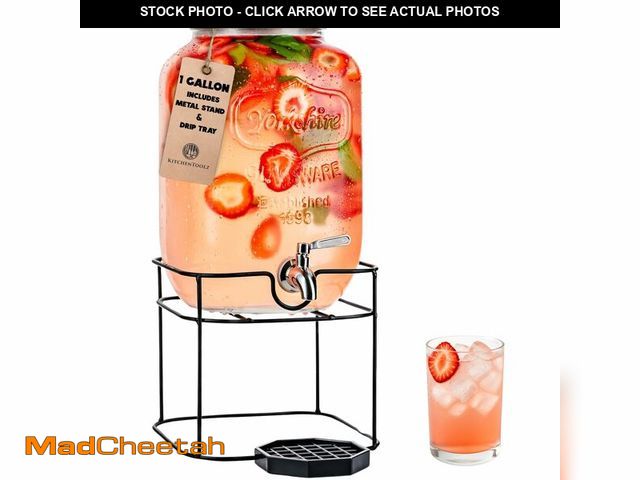 Lot 74-12700993 - Gallon Glass Drink Dispenser with Stand for Parties Ã¢â¬â Stainless Steel Spigot, Metal Lid, and ...