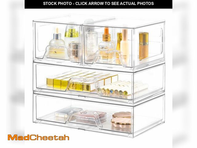 Lot 74-13965649 - Stebopum 4 Pack Stackable Storage Drawers Clear Acrylic Organizer Bathroom Makeup Organizer and Stor...