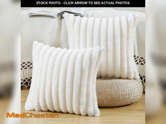 Lot 74-12309760 - MADIZZ Set of 2 Faux Wool Plush Decorative Throw Pillow Covers 24x24 Inch Cream Fluffy Striped Soft ...