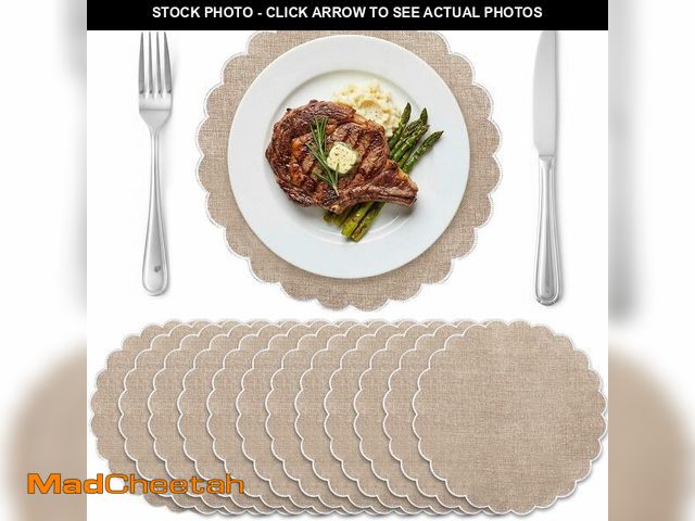Lot 74-14059630 - Gandeer Set of 12 Beige Cotton Placemats 15 Inch Round Scalloped Embroidery Placemats Washable Doubl...
