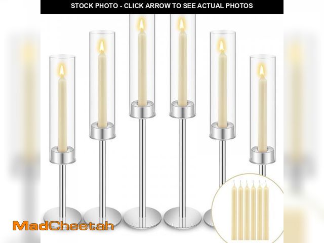 Lot 74-12222807 - Yungyan 6 Sets 12 Pcs Clear Glass Hurricane Candlestick Holder Tall Taper Romantic Glass Candle Hold...
