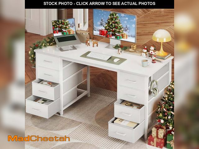 Lot 74-13054053 - White Computer Desk with Drawers for Storage - 48 inch Home Office Desk with 8 Fabric Drawers, Writi...