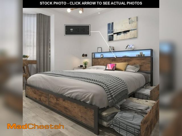Lot 74-12269994 - Lifezone Queen Bed Frame with Headboard Platform Bed with Charging Station &amp; LED  4 Storage Draw...