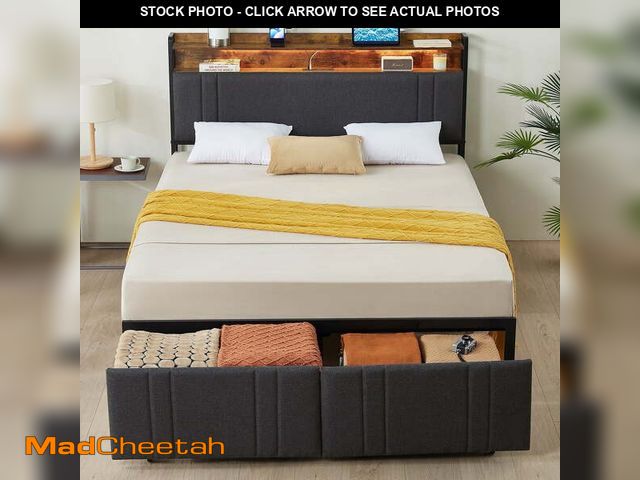Lot 74-12637055 - LED Full Size Bed Frame with Storage Headboard &amp; 2 Drawers,Heavy Duty Metal Bed base Upholstered...