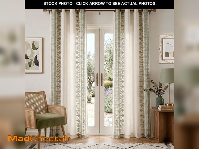 Lot 74-14150950 - NICETOWN 102" Long Sage Green Embroidered Trim Cream Linen Curtains 2 Panels - Gorgeous Wall Decorat...