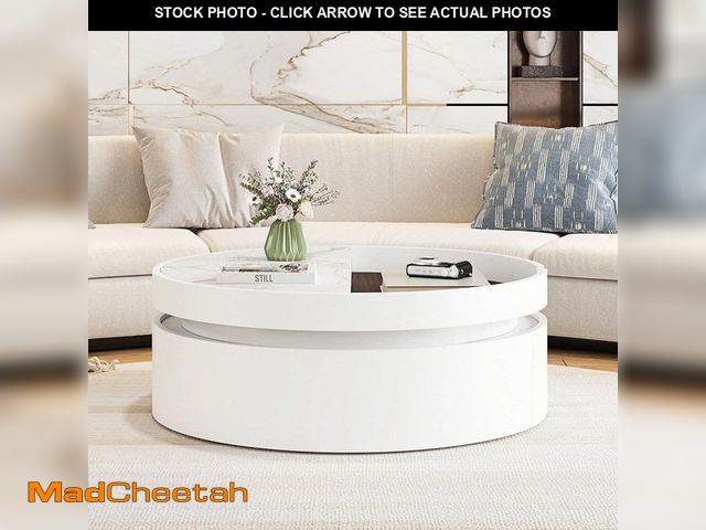 Lot 74-14112711 - Noble House Amias 40.3 in. White+Walnut Round Marble and Wood Grain Lift Coffee Table with Drawer - ...