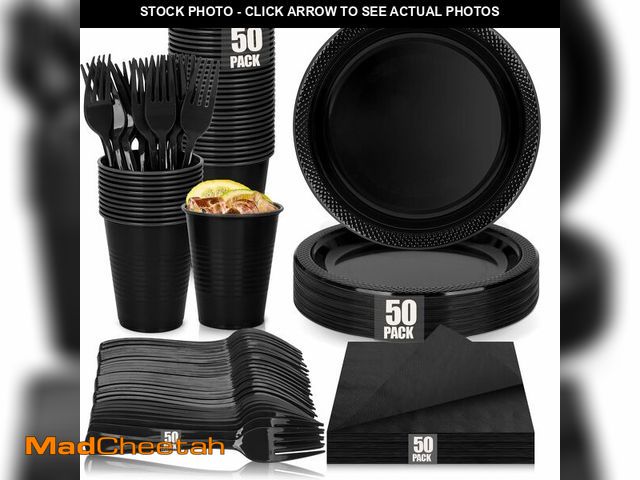 Lot 74-14143476 - 200pcs Black Plastic Party Plates Set, Disposable Black Plates and Napkins for Party, 50 Of Each 9" ...