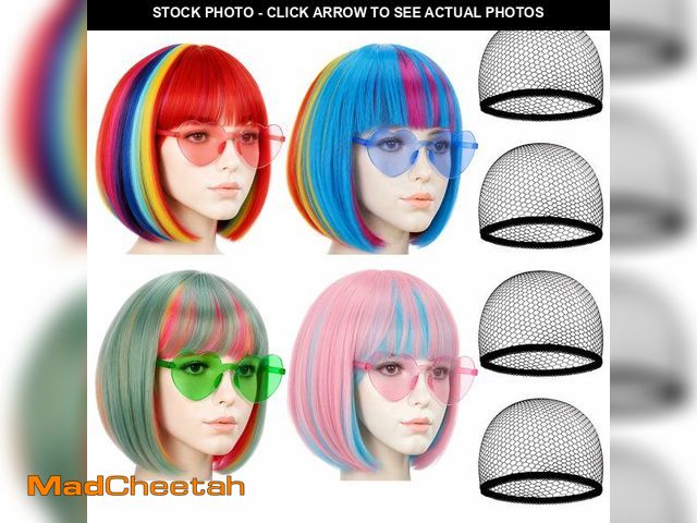 Lot 74-14433995 - XLSXEXCL 12 Pieces Colored Wigs Funky Colorful Wigs Three Styles Neon Party Wigs with Heart Shape Su...