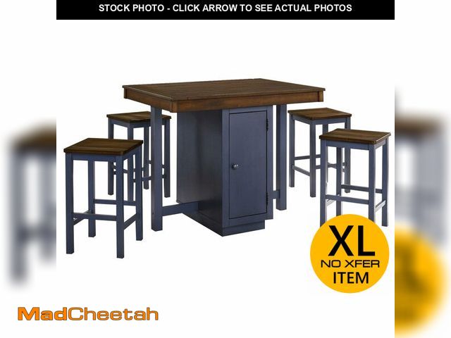 Lot 74-13012133 - Benjara 5 Piece Counter Height Dining Table Set, 4 Stools, Antique Oak, Wood, Brown and Blue - UNUSE...