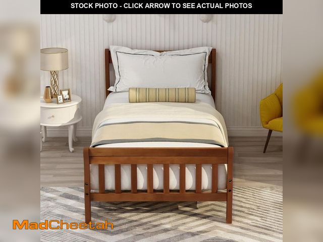 Lot 74-12535390 - Polibi Oak Wood Frame Twin Size Platform Bed with Headboard, Footboard - UNUSED