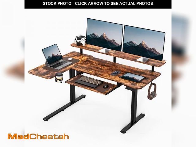 Lot 74-12391212 - Acrolix 59 Inch L Shaped Standing Desk with Shelves and Keyboard, Electric Corner Standing Desk Adju...