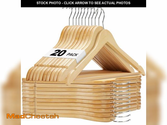 Lot 74-13570295 - HOUSE DAY Wooden Hangers 20 Pack, Solid Wood Hanger with Non Slip Pant Bar, Heavy Duty Wooden Coat H...