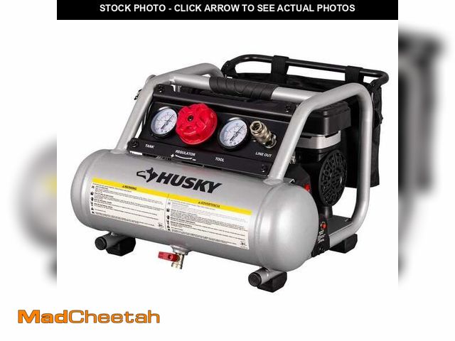 Lot 74-12783668 - *DIRTY/DOESN'T HOLD AIR/MISSING VALVE* Husky 1 Gal. 135 PSI Portable Electric Oil-Free Quiet Jobsite...