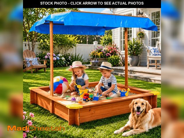 Lot 74-14370465 - GVDV Sandbox, Wooden Sandpit with Adjustable Canopy for Backyard, 46.5 x 46.5 inches - UNUSED