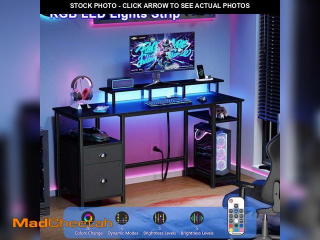 Lot 74-14604044 - Satifur 61" Reversible 2-Tier Computer Desk with Power Outlet, LED Lights, File Cabinet &amp; Storag...