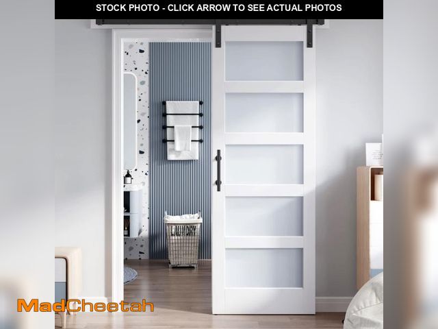 Lot 74-12165253 - ROYMELO 30x80 Inch Glass Sliding Barn Door Slab and 5.5ft Hardware Kit Included, 5 Frosted Glass, LV...