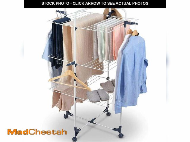 Lot 74-12803744 - KABB Clothes Drying Rack, 3-Tier Folding Indoor Laundry Drying Rack with Wheels 4 Hooks, Metal, Whit...