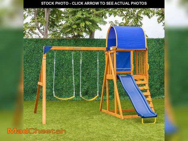 Lot 74-12359185 - Addison Wooden Outdoor Playset with Swings, Heavy Duty Double a-Frame, and Blow Molded Slide - UNUSE...