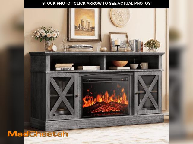 Lot 74-12270733 - Electric Fireplace TV Stand for 75 inch TVs Farmhouse TV Console with 23″ Fireplace, Gray - UNUSED