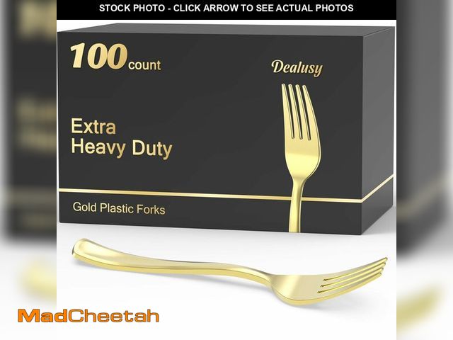 Lot 74-14058434 - Dealusy 100 Count Heavy Duty Gold Plastic Forks Disposable, BPA-Free, Heat Resistant, Solid and Dura...
